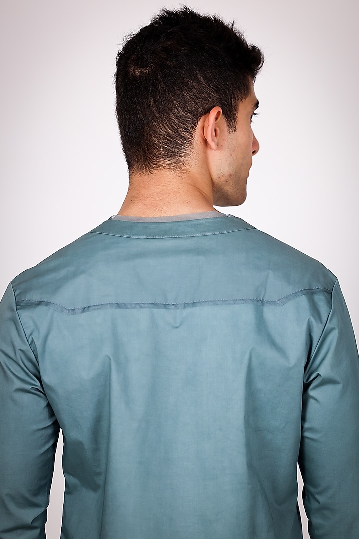 Blue Pure Poplin Hand Embroidered Party Wear Shirt by Arya Giri Men at Pernia's Pop Up Shop