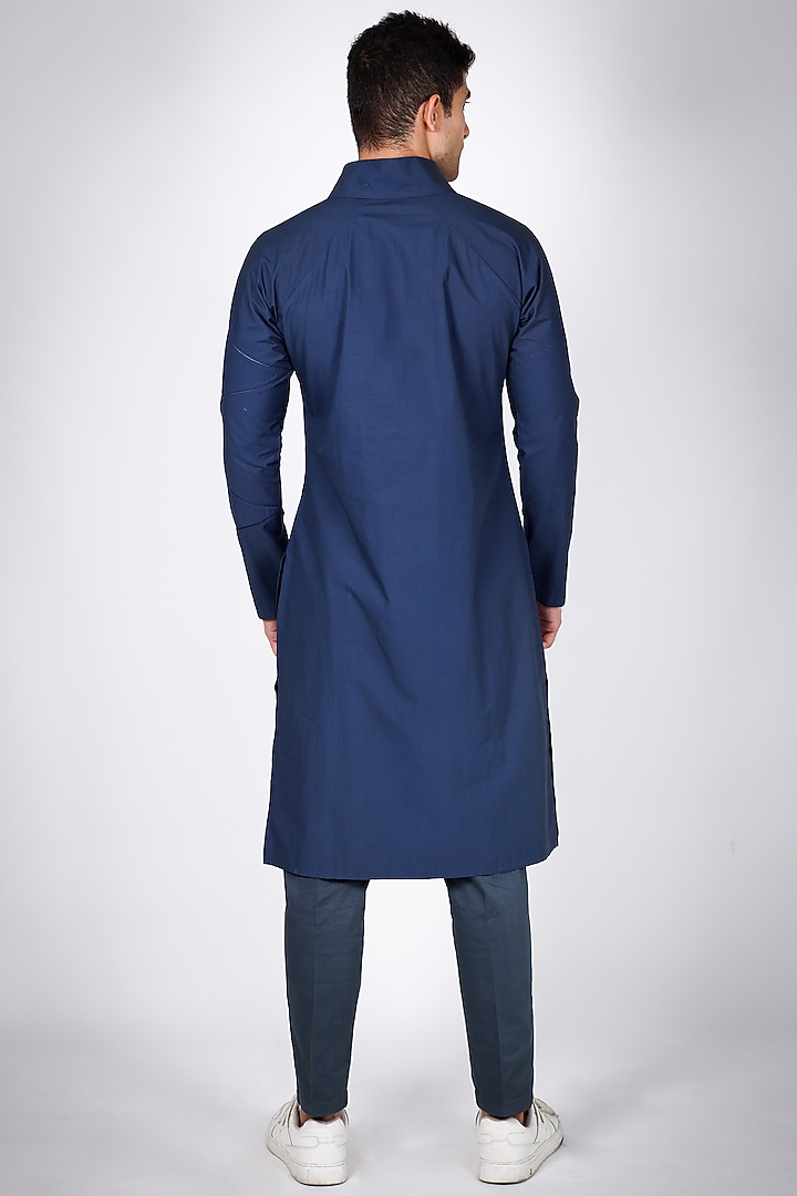 Blue Pure Poplin Hand Embroidered Shirt Kurta Set by Arya Giri Men at Pernia's Pop Up Shop