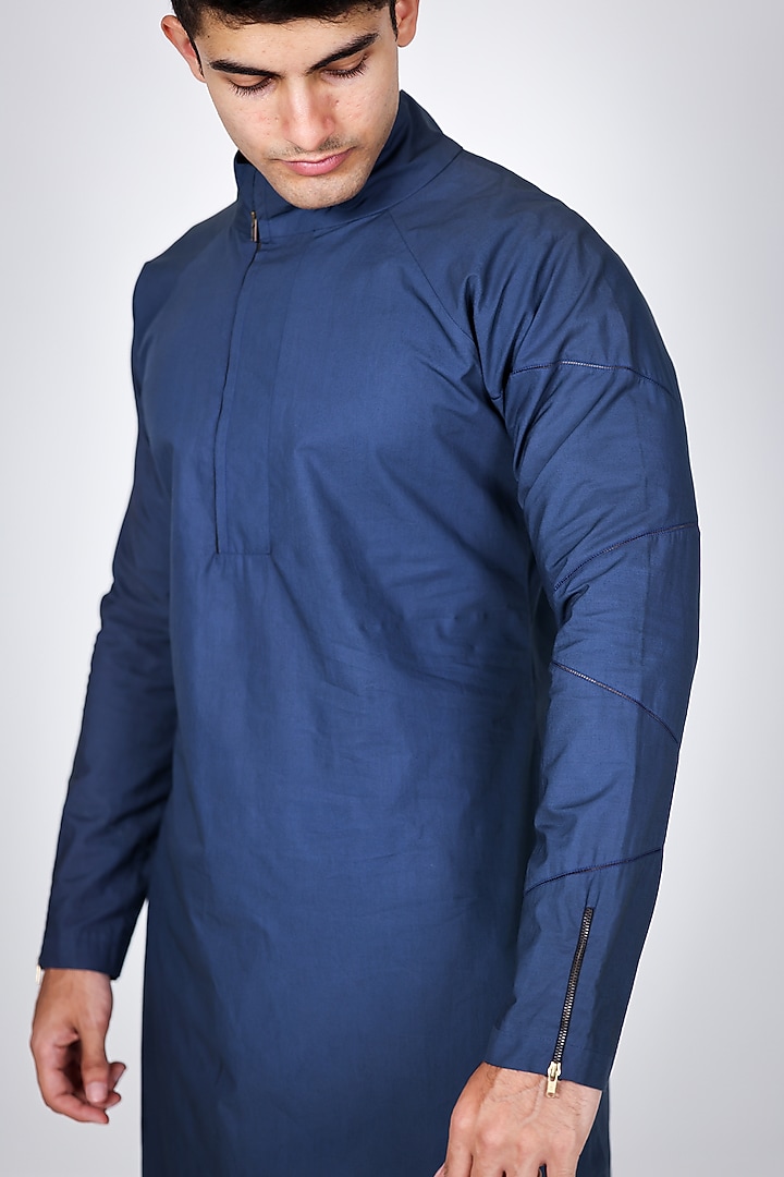 Blue Pure Poplin Hand Embroidered Shirt Kurta Set by Arya Giri Men at Pernia's Pop Up Shop
