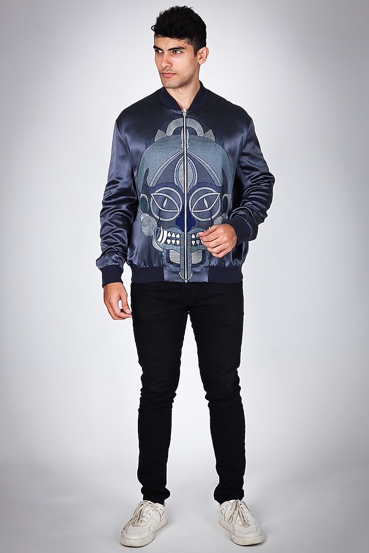 Blue Pure Satin Hand Embroidered Bomber Jacket by Arya Giri