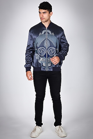 Blue Pure Satin Hand Embroidered Bomber Jacket by Arya Giri Men
