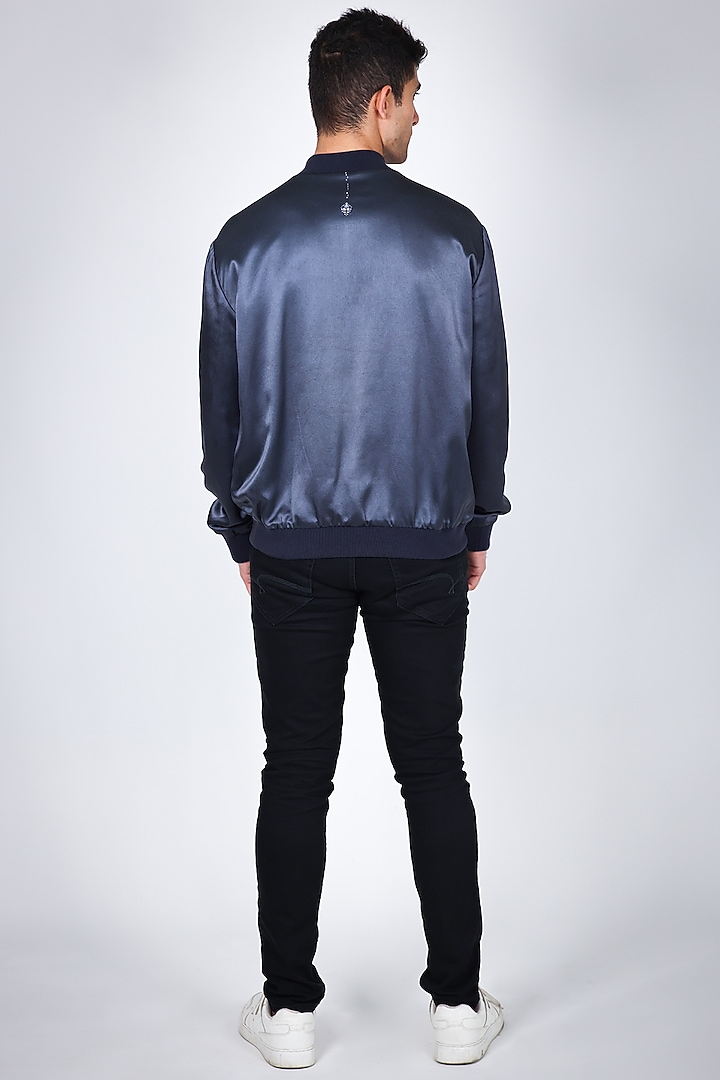 Blue Pure Satin Hand Embroidered Bomber Jacket by Arya Giri Men at Pernia's Pop Up Shop