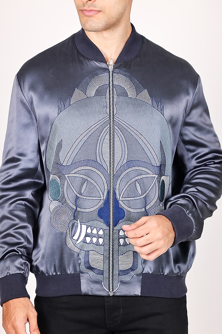 Blue Pure Satin Hand Embroidered Bomber Jacket by Arya Giri Men at Pernia's Pop Up Shop