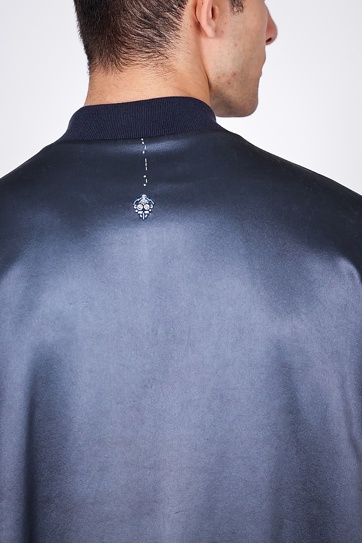 Blue Pure Satin Hand Embroidered Bomber Jacket by Arya Giri Men at Pernia's Pop Up Shop