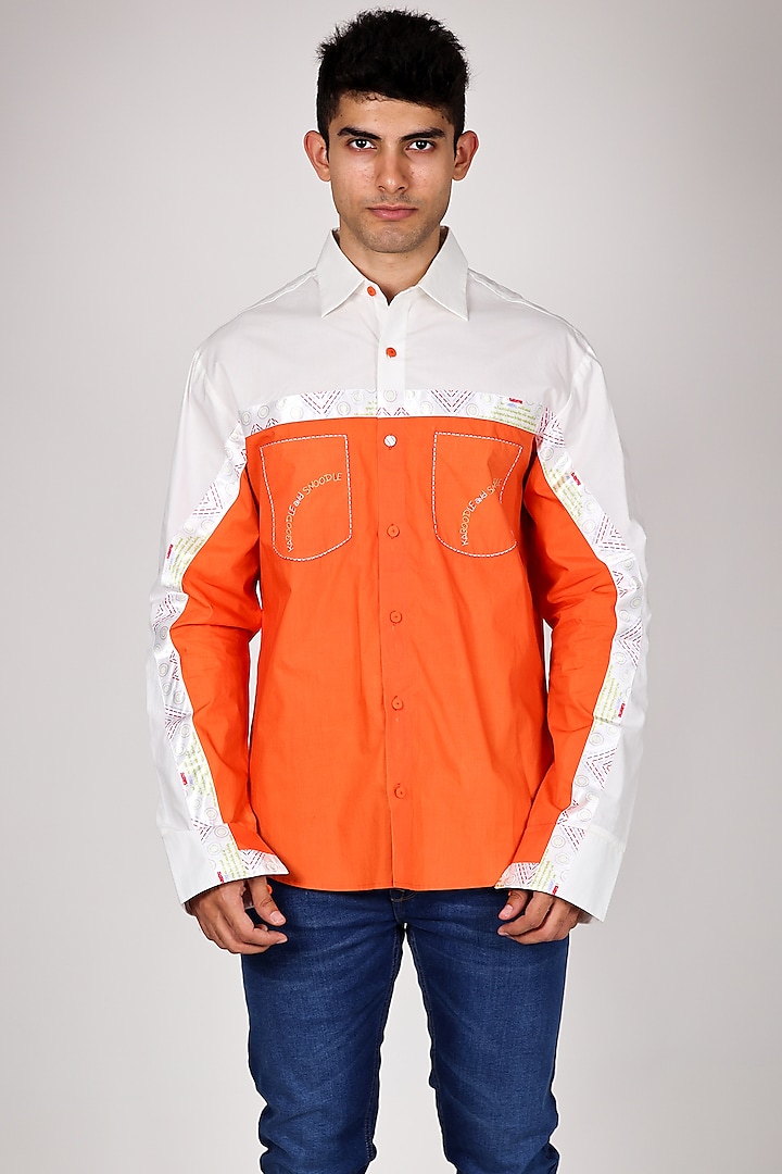 Orange Pure Poplin Printed & Hand Embroidered Shirt by Arya Giri