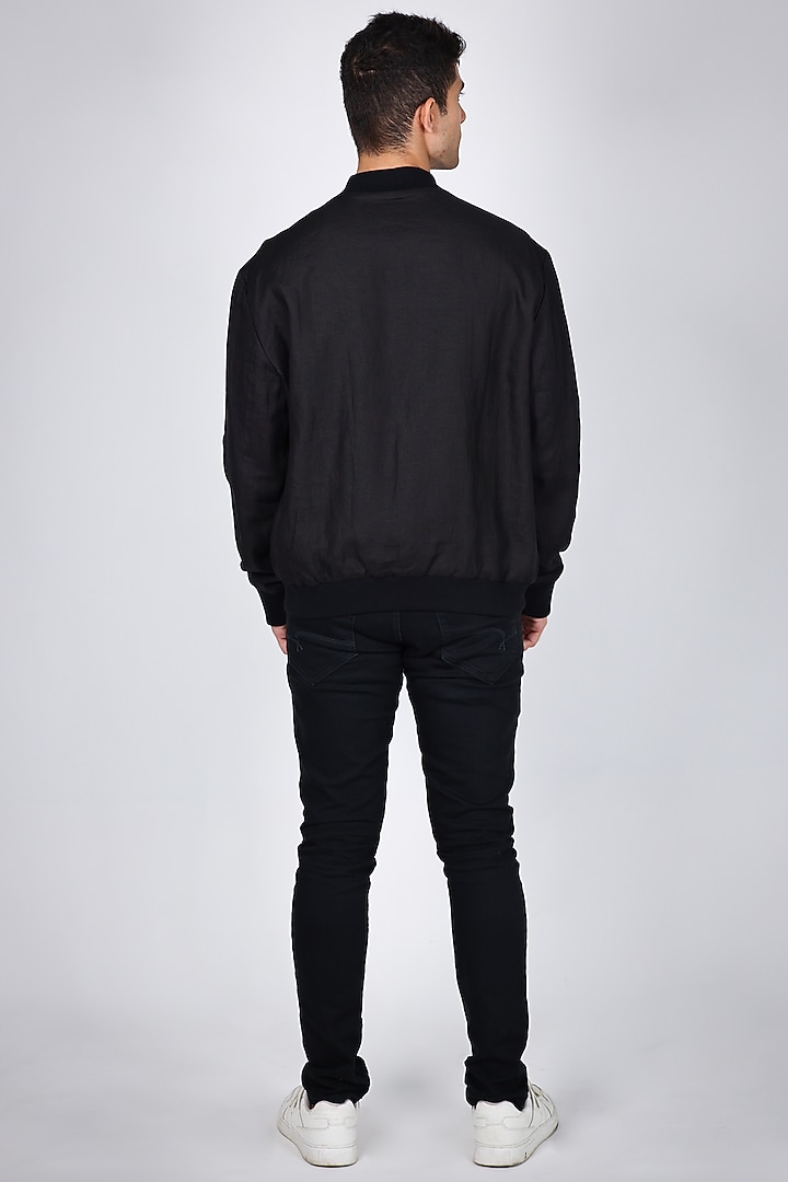 Black Linen Hand Embroidered Bomber Jacket by Arya Giri Men at Pernia's Pop Up Shop