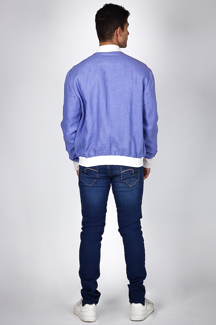 Purple Linen Hand Embroidered Bomber Jacket by Arya Giri Men at Pernia's Pop Up Shop