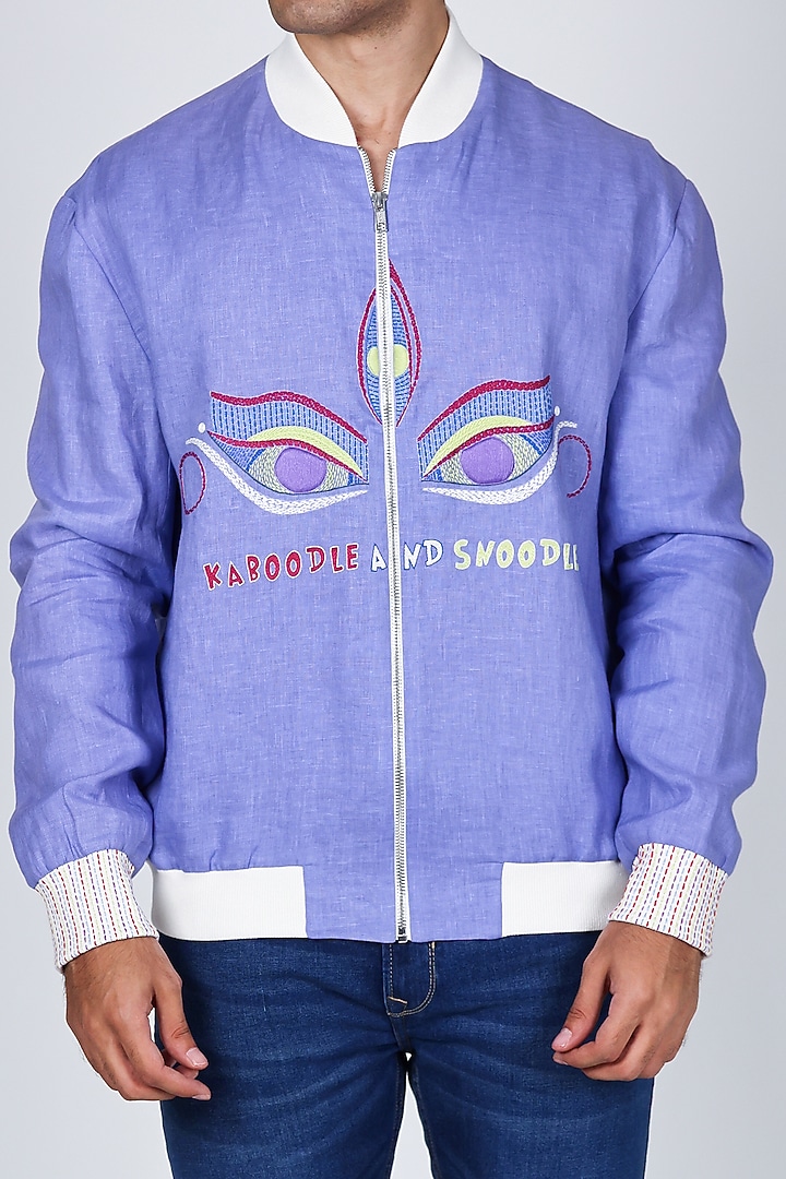 Purple Linen Hand Embroidered Bomber Jacket by Arya Giri Men at Pernia's Pop Up Shop