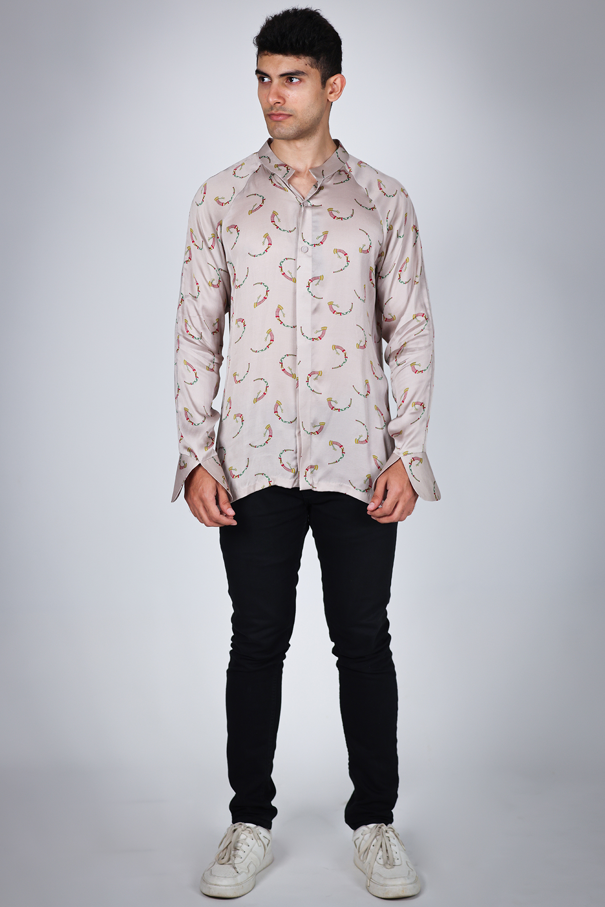 Ivory Satin Printed Shirt by Arya Giri Men