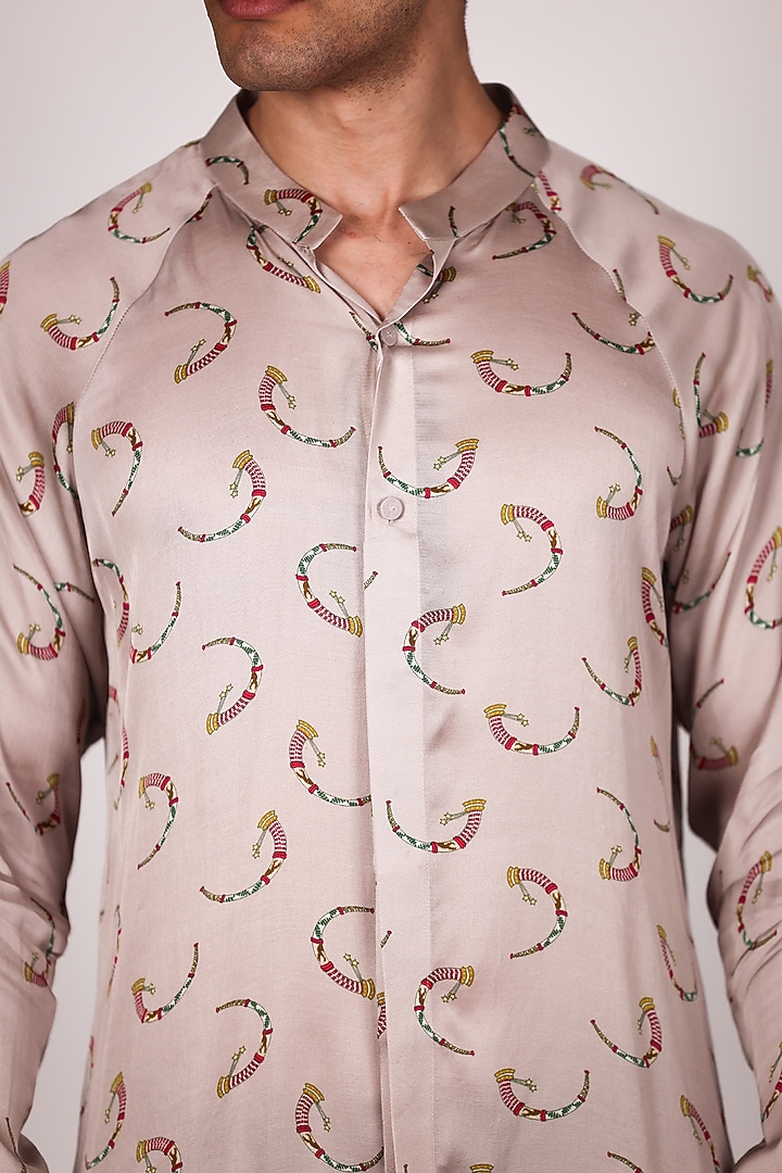Ivory Satin Printed Party Wear Shirt by Arya Giri Men at Pernia's Pop Up Shop