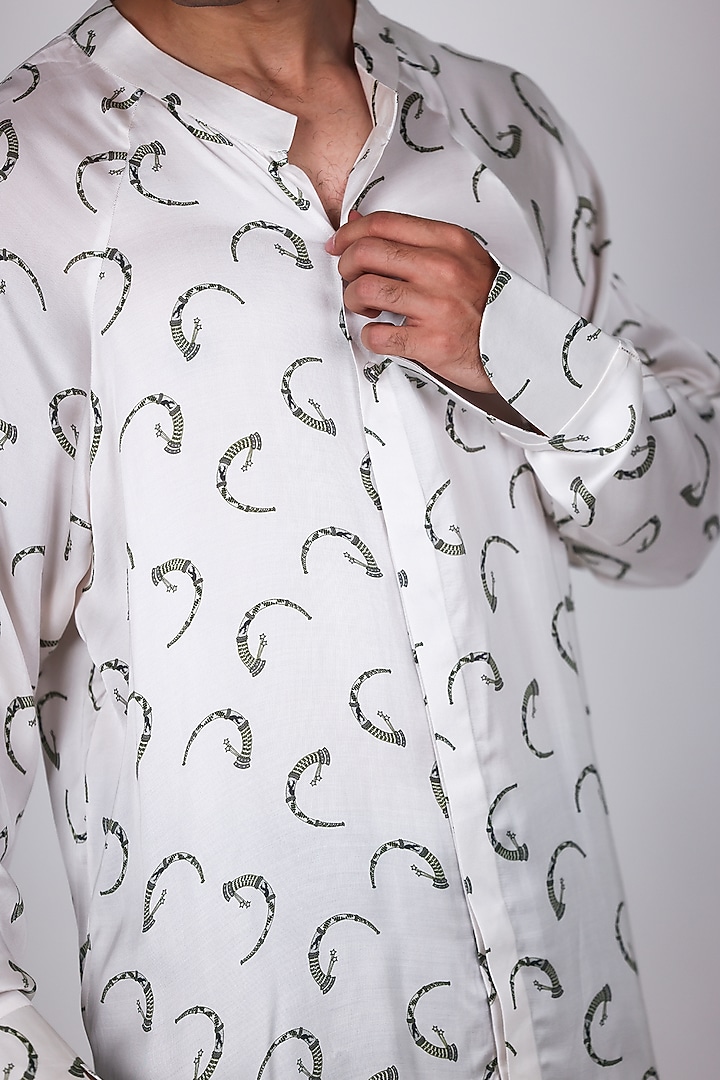 White Satin Printed Party Wear Shirt by Arya Giri Men at Pernia's Pop Up Shop