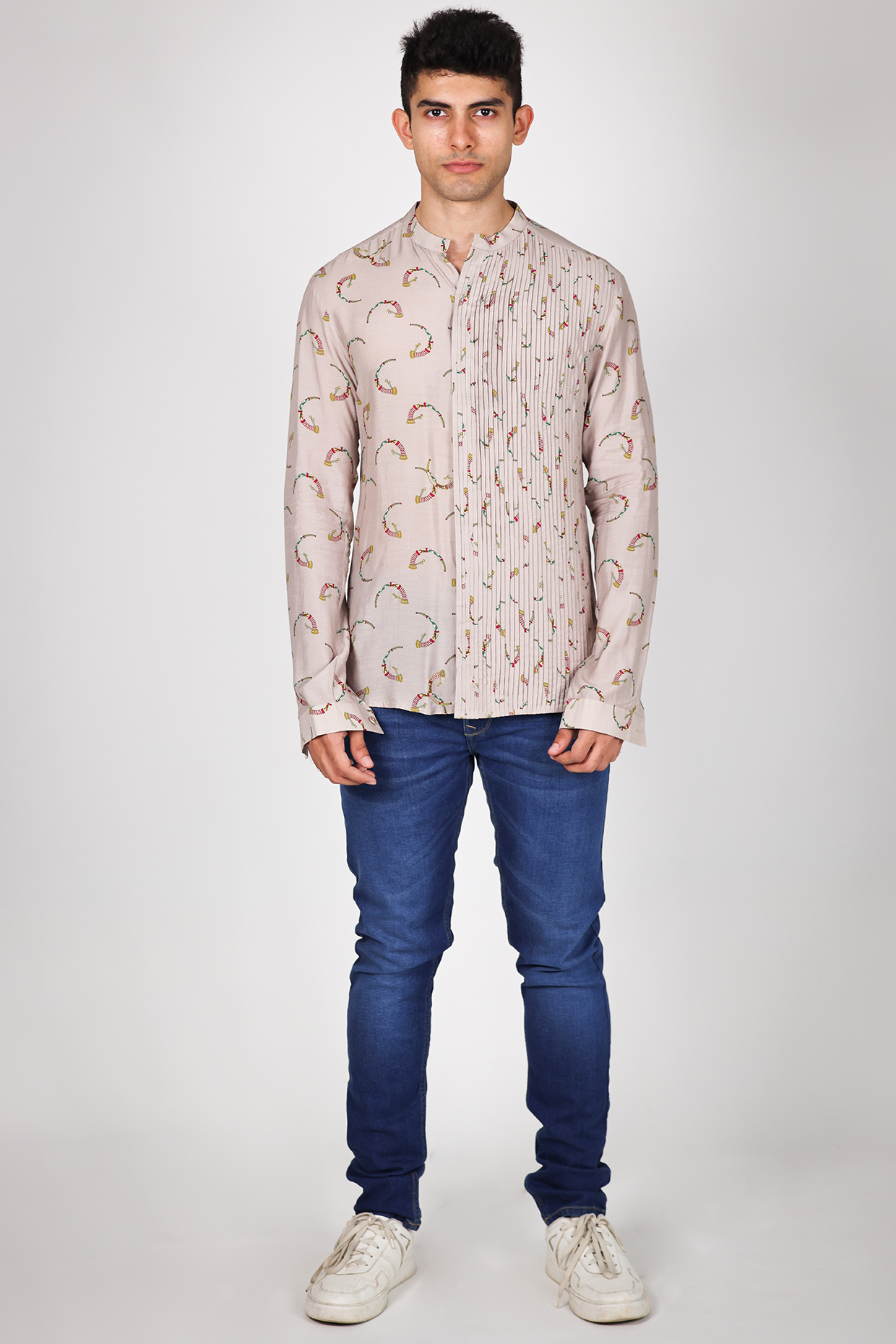 Ivory Satin Printed Pintuck Shirt by Arya Giri Men
