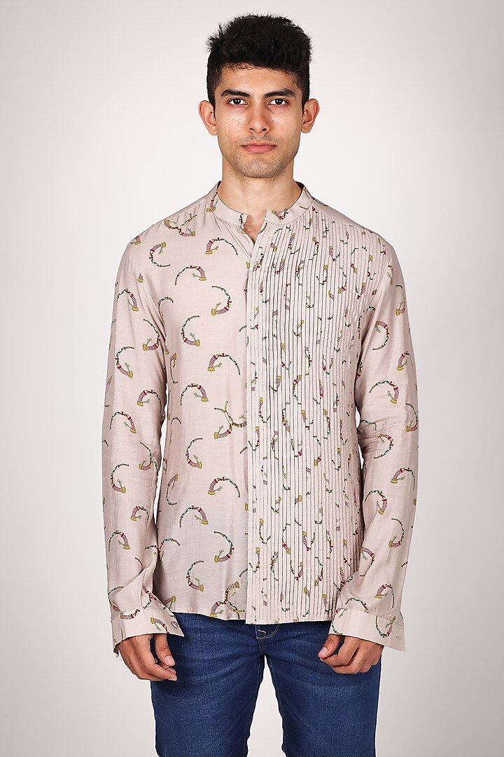 Ivory Satin Printed Pintuck Party Wear Shirt by Arya Giri Men at Pernia's Pop Up Shop