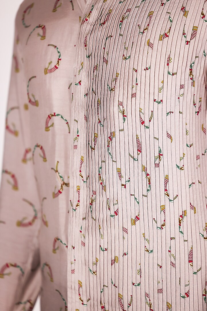Ivory Satin Printed Pintuck Party Wear Shirt by Arya Giri Men at Pernia's Pop Up Shop