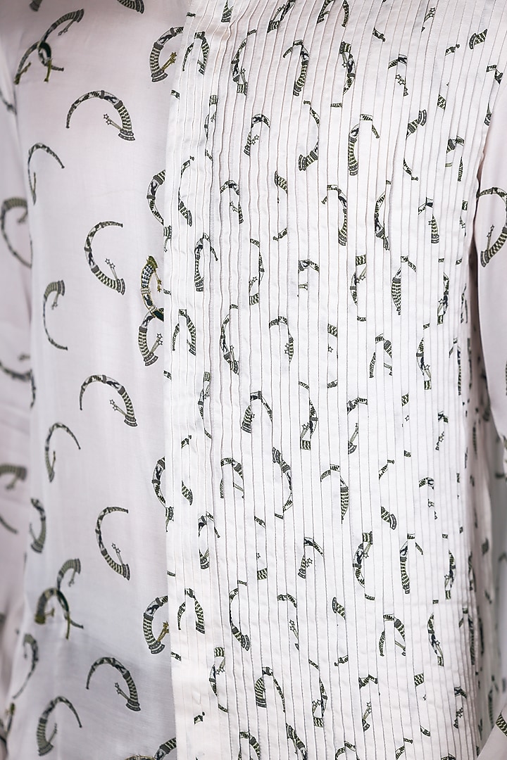 White Satin Printed Pintuck Party Wear Shirt by Arya Giri Men at Pernia's Pop Up Shop