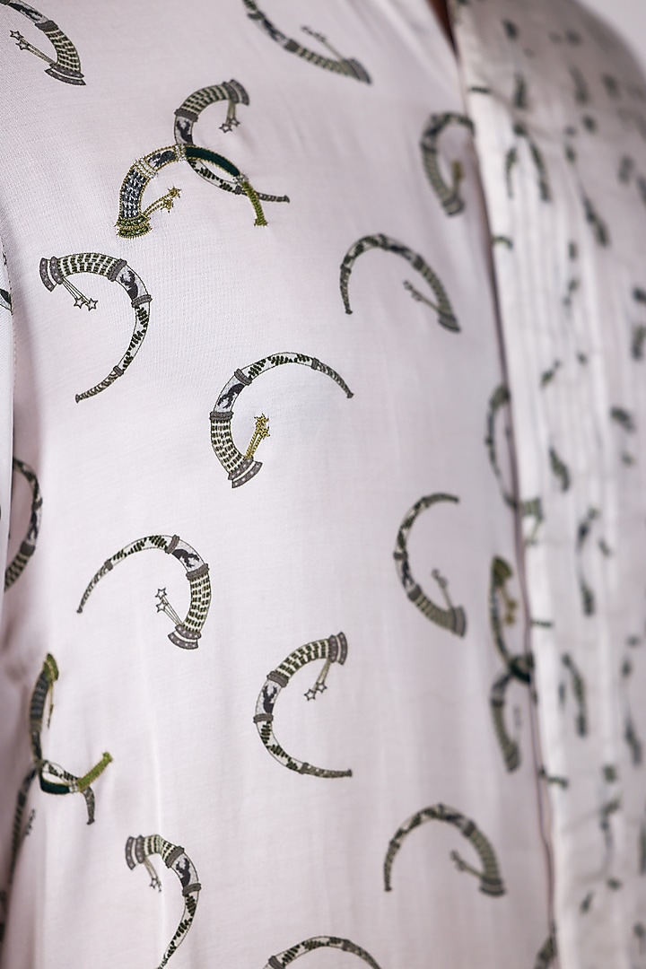 White Satin Printed Pintuck Party Wear Shirt by Arya Giri Men at Pernia's Pop Up Shop