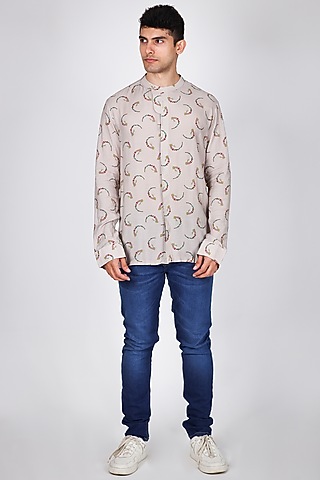 Ivory Satin Printed Shirt by Arya Giri Men