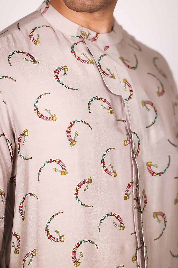 Ivory Satin Printed Party Wear Shirt by Arya Giri Men at Pernia's Pop Up Shop