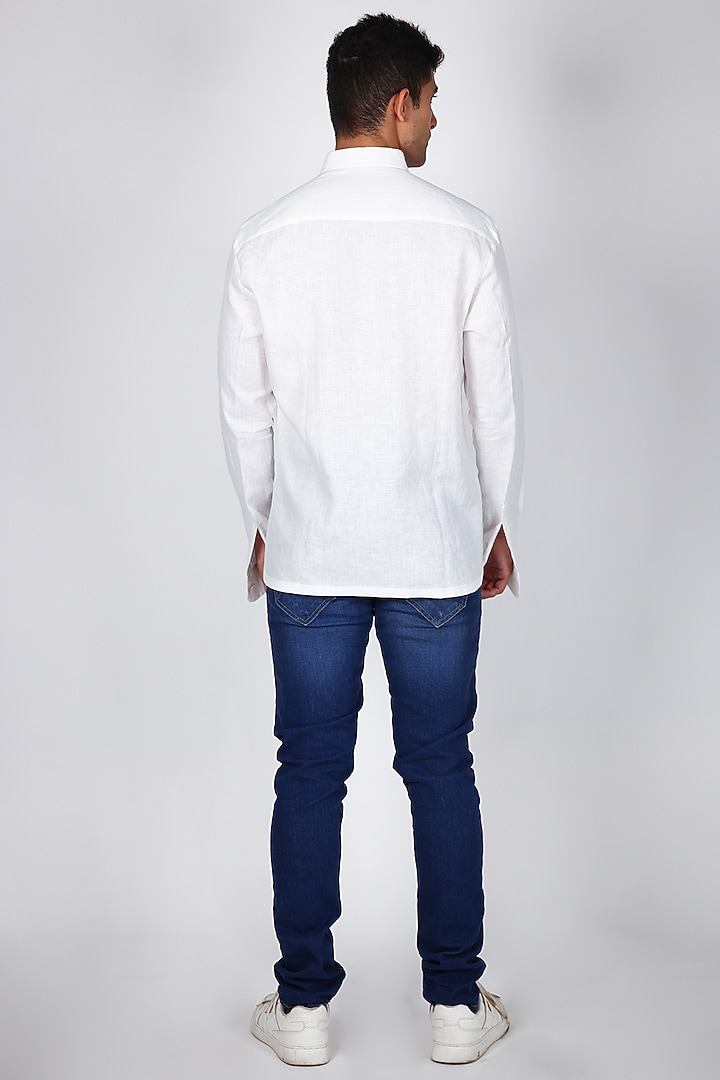 White Linen Hand Embroidered Party Wear Shirt by Arya Giri Men at Pernia's Pop Up Shop