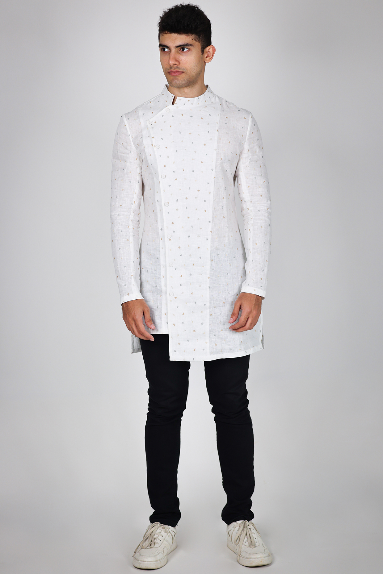White Linen Hand Embroidered Shirt by Arya Giri Men