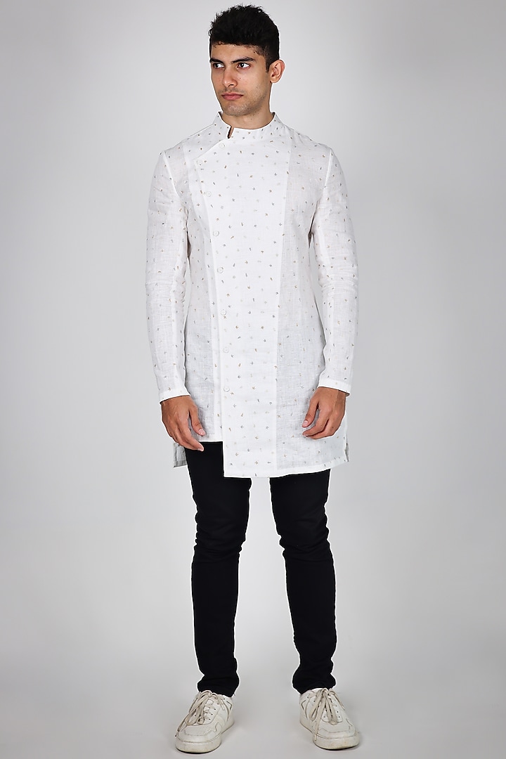 White Linen Hand Embroidered Shirt by Arya Giri Men
