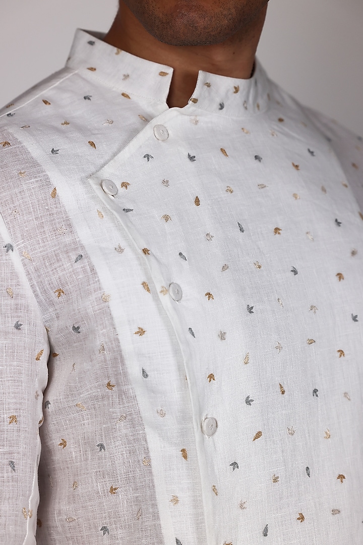 White Linen Hand Embroidered Party Wear Shirt by Arya Giri Men at Pernia's Pop Up Shop