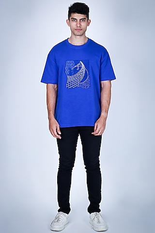 Blue Cotton Hand Embroidered T-Shirt by Arya Giri Men