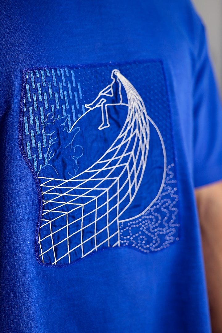 Blue Cotton Hand Embroidered T-Shirt by Arya Giri Men at Pernia's Pop Up Shop