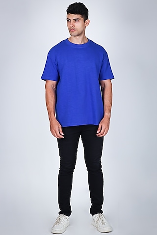 Blue Cotton Hand Embroidered T-Shirt by Arya Giri Men