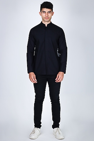 Black Poplin Hand Embroidered Shirt by Arya Giri Men