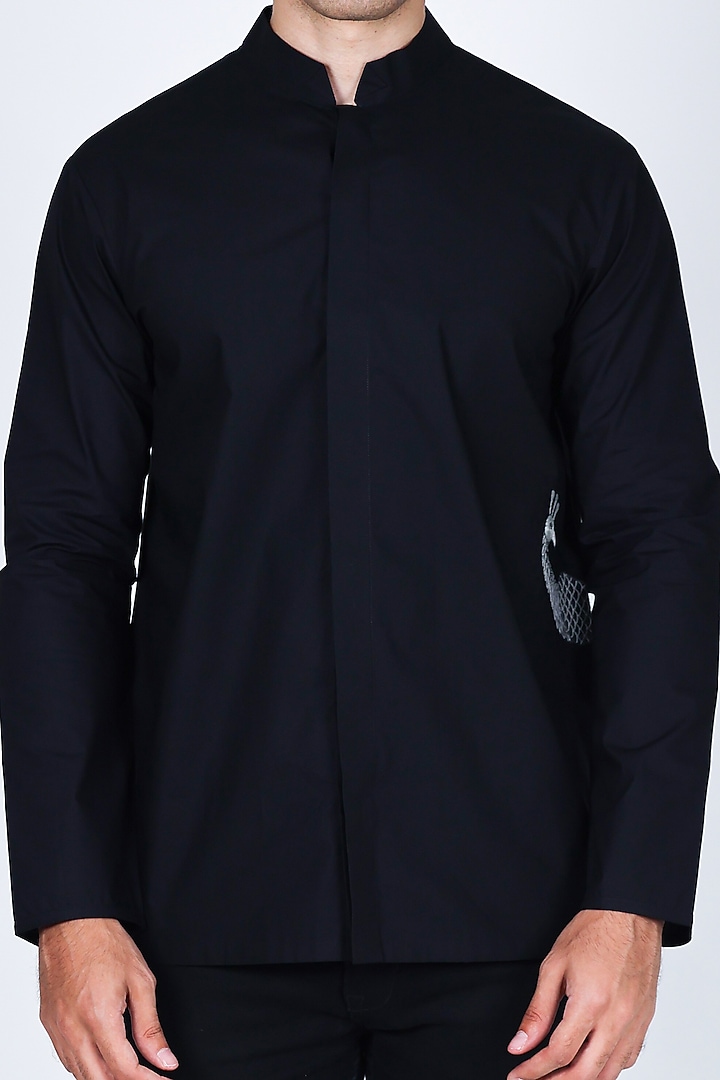 Black Poplin Hand Embroidered Party Wear Shirt by Arya Giri Men at Pernia's Pop Up Shop
