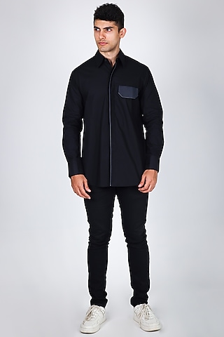 Black Poplin Hand Embroidered Shirt by Arya Giri Men