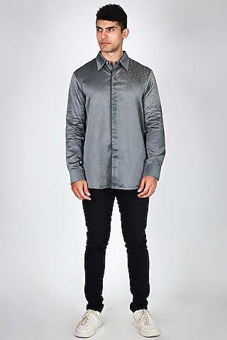 Grey Linen Satin Hand Embroidered Shirt by Arya Giri Men