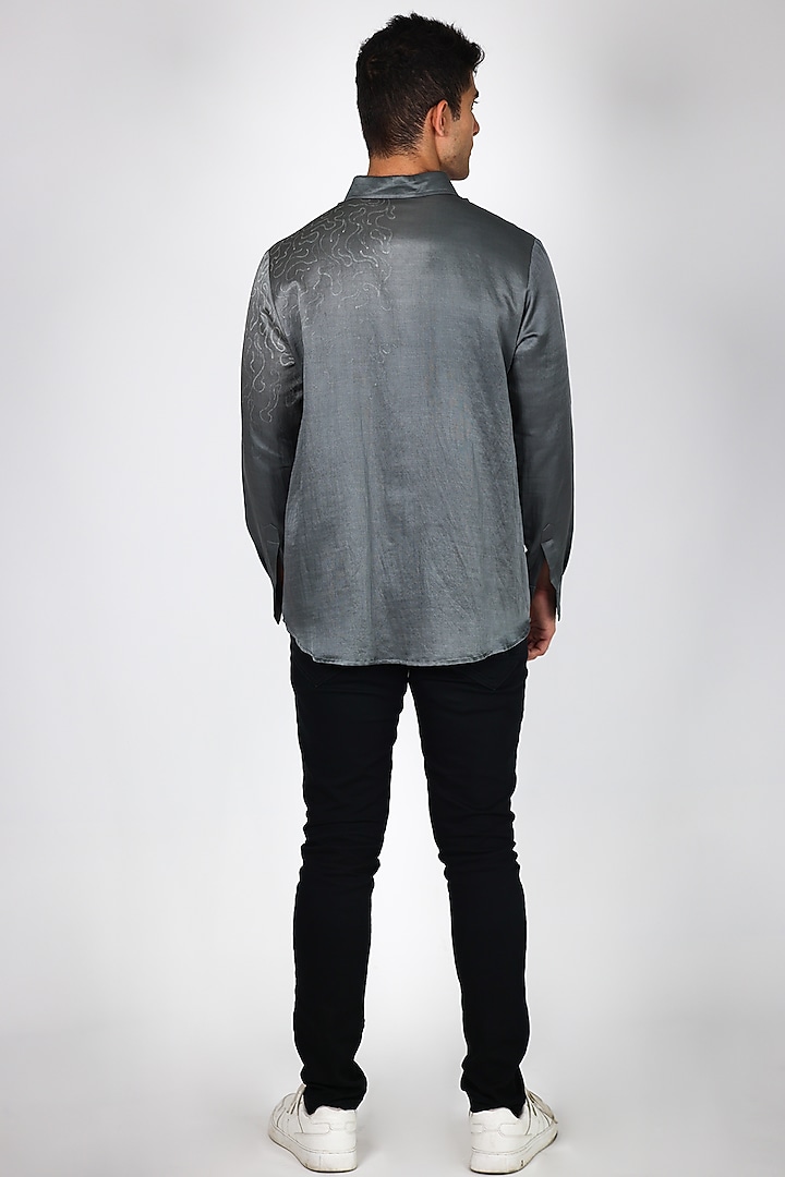 Grey Linen Satin Hand Embroidered Party Wear Shirt by Arya Giri Men at Pernia's Pop Up Shop