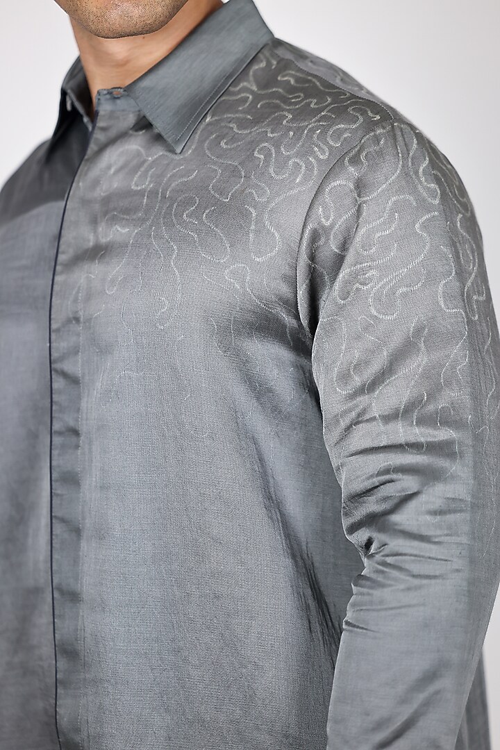 Grey Linen Satin Hand Embroidered Party Wear Shirt by Arya Giri Men at Pernia's Pop Up Shop