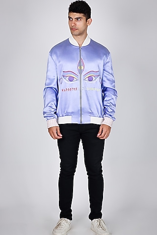 Purple Satin Hand Embroidered Bomber Jacket by Arya Giri Men
