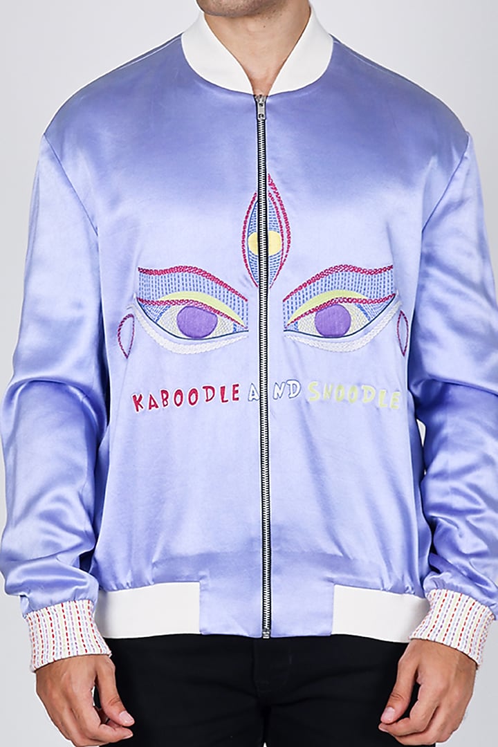 Purple Satin Hand Embroidered Bomber Jacket by Arya Giri Men at Pernia's Pop Up Shop