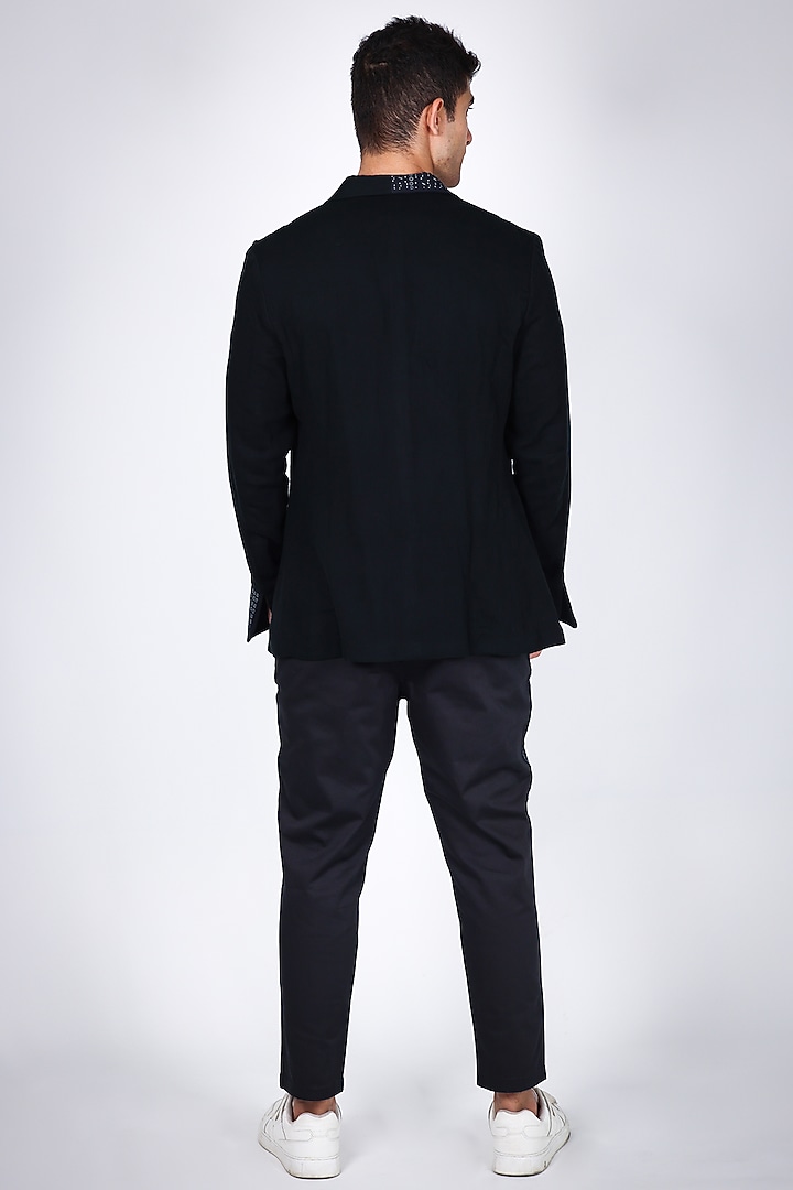 Black Pure Mul Embroidered Blazer Set by Arya Giri Men at Pernia's Pop Up Shop