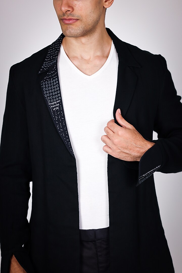 Black Pure Mul Embroidered Blazer Set by Arya Giri Men at Pernia's Pop Up Shop
