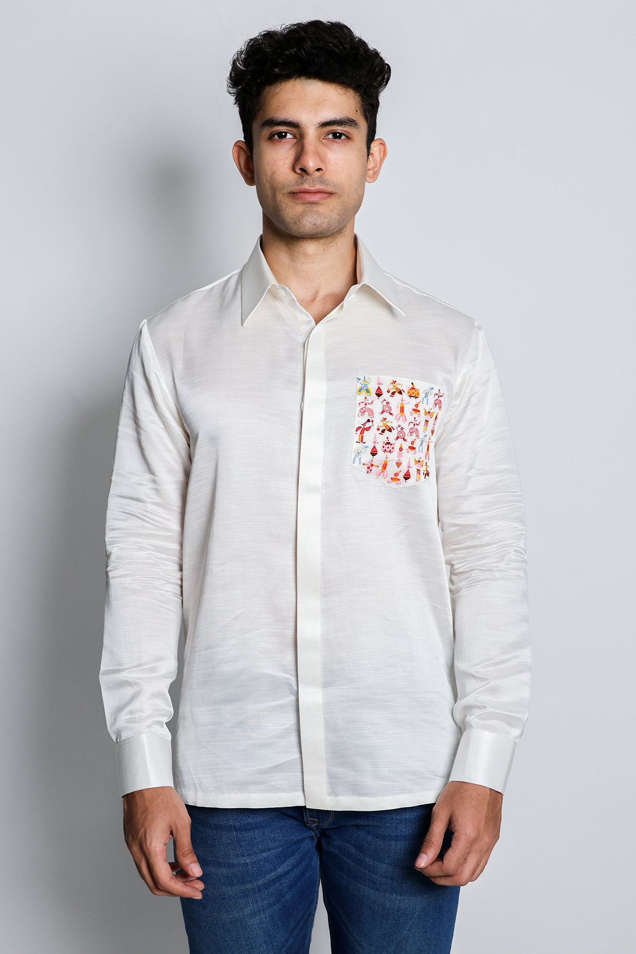 White Linen Satin Hand Embroidered Shirt by Arya Giri Men