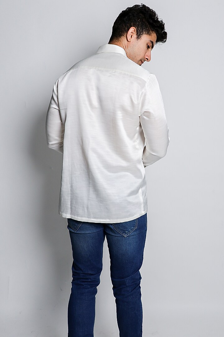 White Linen Satin Hand Embroidered Wedding Shirt by Arya Giri Men at Pernia's Pop Up Shop