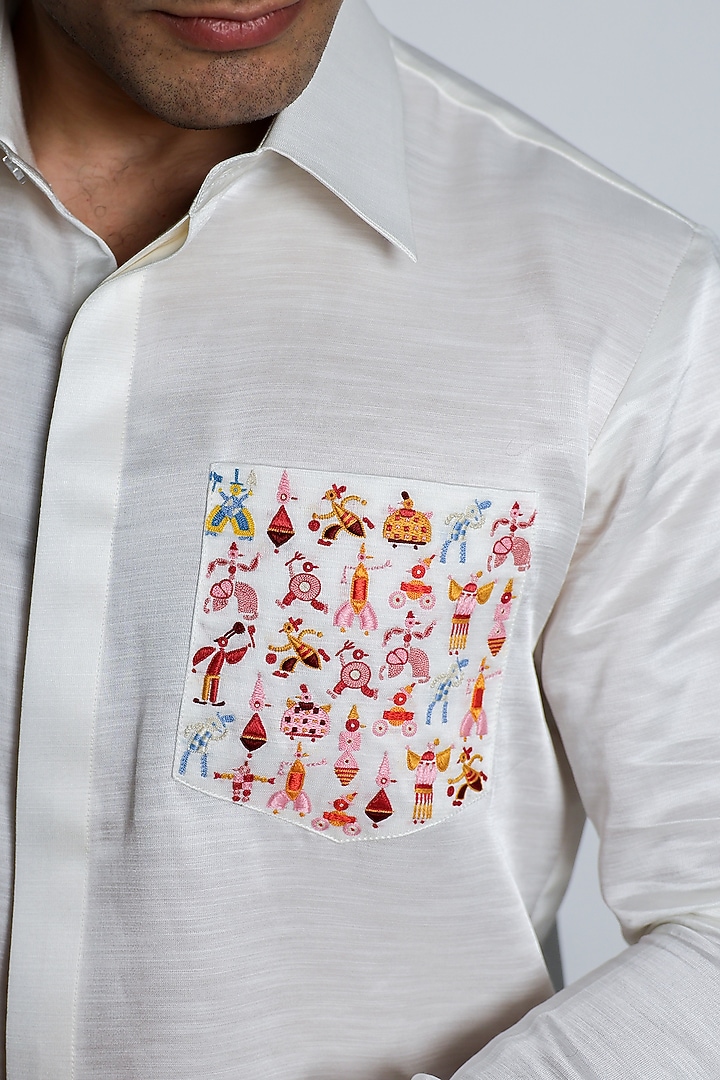 White Linen Satin Hand Embroidered Wedding Shirt by Arya Giri Men at Pernia's Pop Up Shop