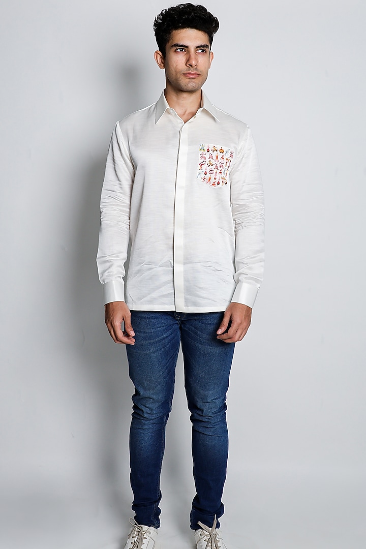 White Linen Satin Hand Embroidered Wedding Shirt by Arya Giri Men at Pernia's Pop Up Shop