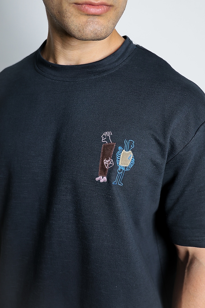 Black Cotton Knit Embroidered T-Shirt by Arya Giri Men at Pernia's Pop Up Shop