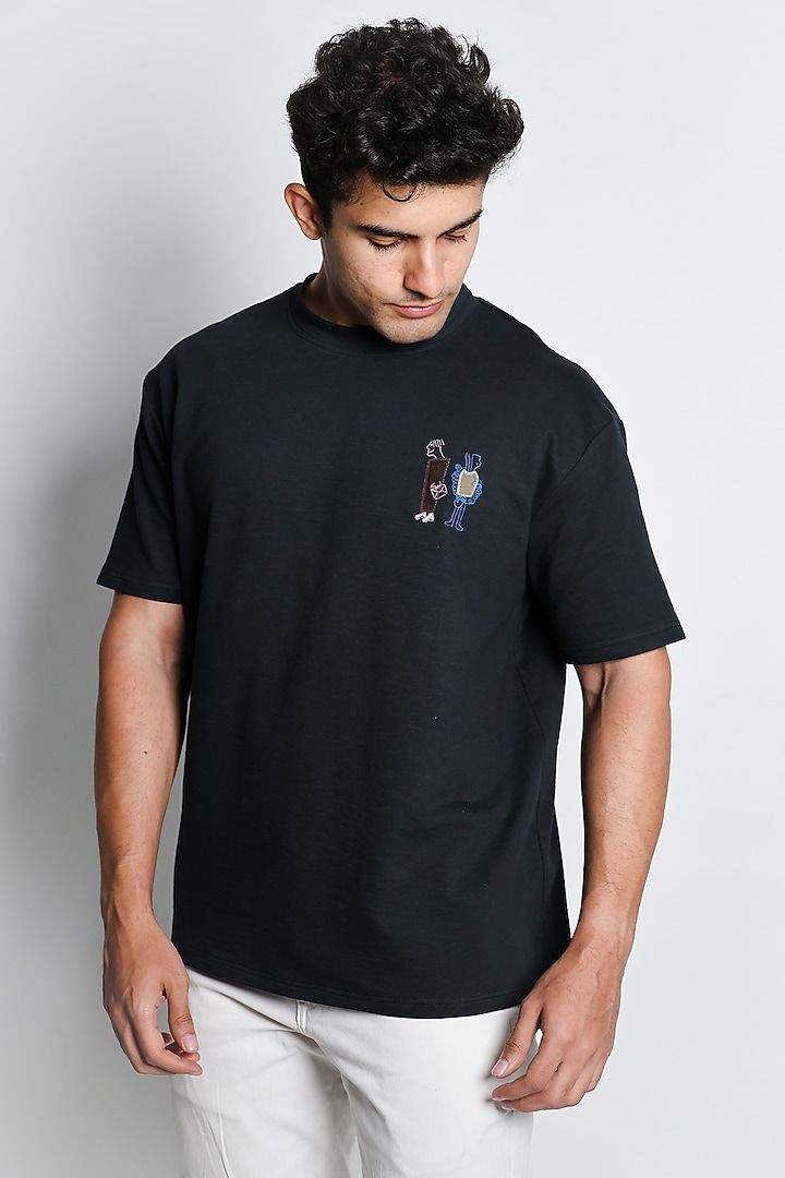 Black Cotton Knit Embroidered T-Shirt by Arya Giri Men at Pernia's Pop Up Shop
