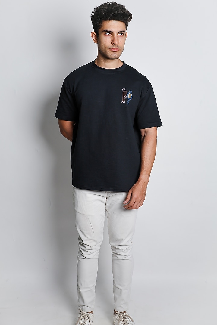 Black Cotton Knit Embroidered T-Shirt by Arya Giri Men at Pernia's Pop Up Shop