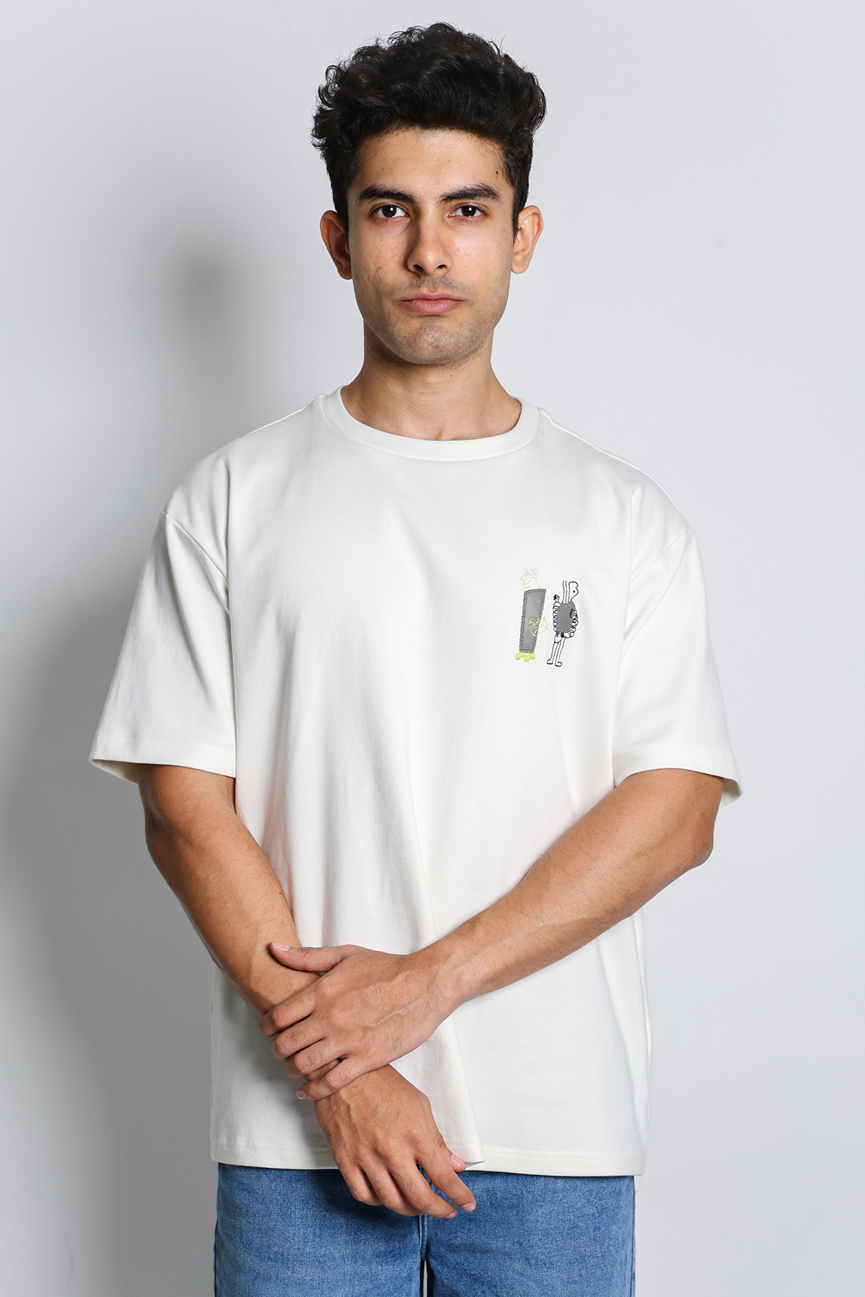 White Knit Oversized Hand Embroidered T-Shirt by Arya Giri Men