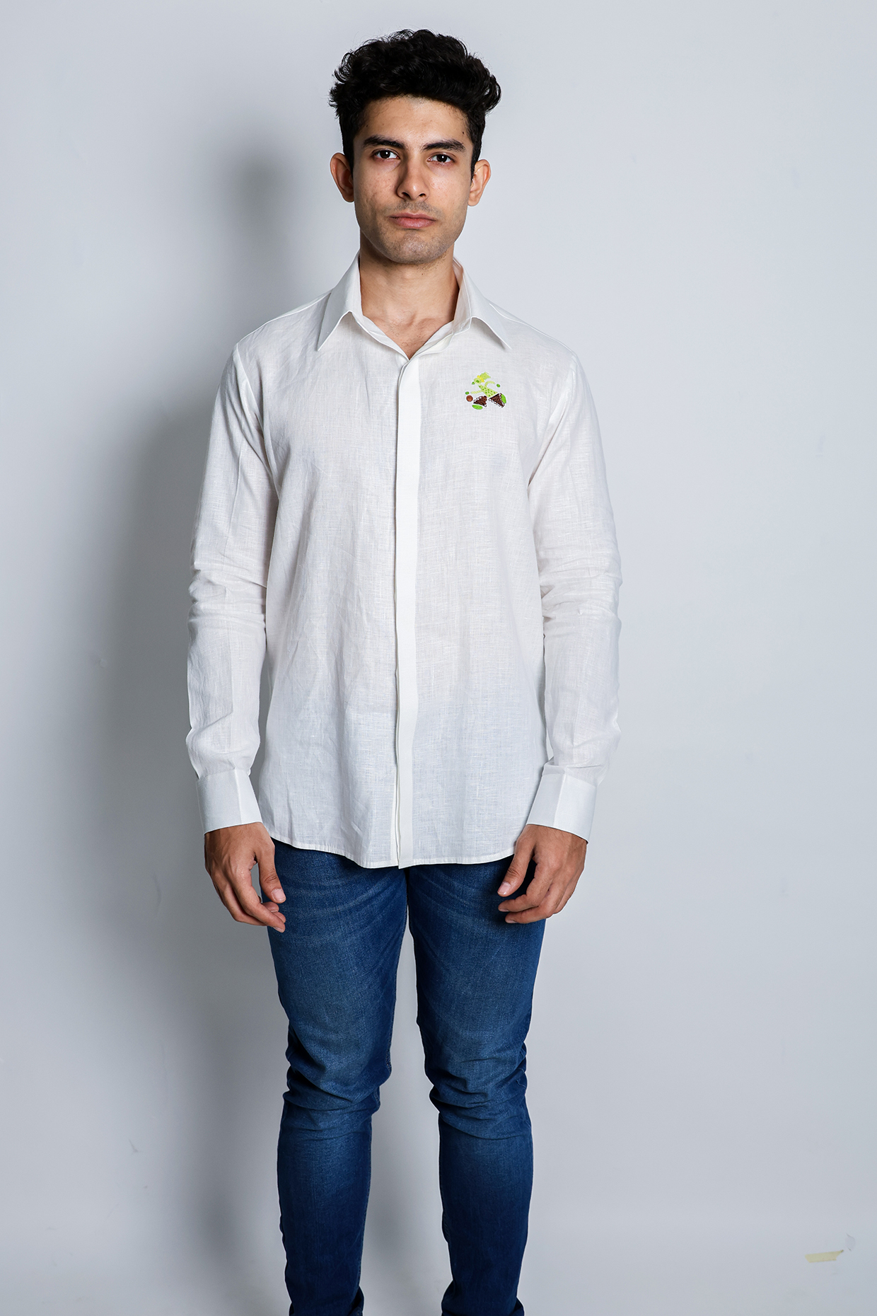 White Linen Satin Hand Embroidered Shirt by Arya Giri Men