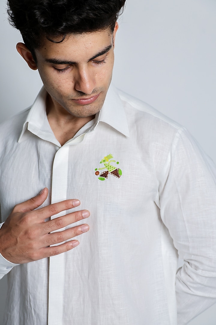 White Linen Satin Hand Embroidered Party Wear Shirt by ARYA GIRI MEN at Pernia's Pop Up Shop