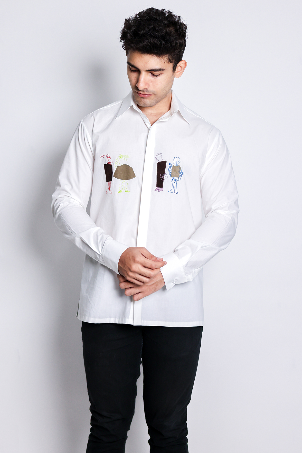White Poplin Hand Embroidered Shirt by Arya Giri Men